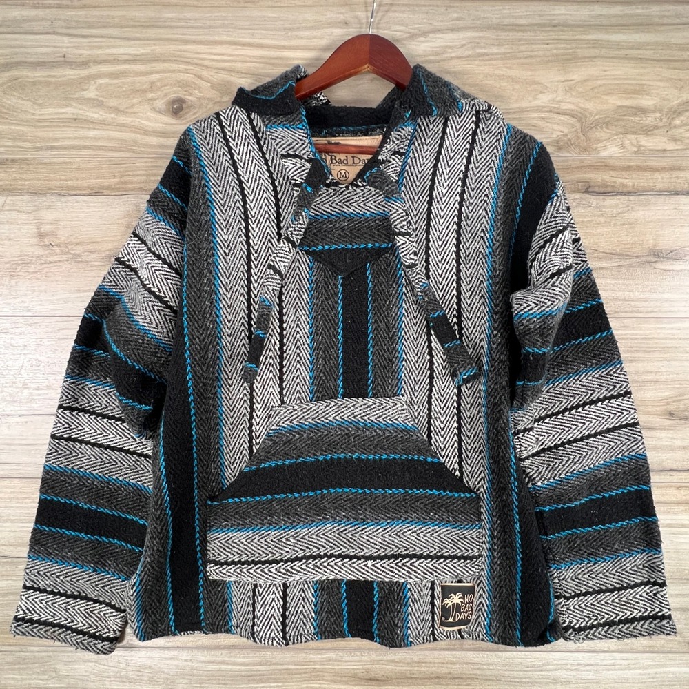 No Bad Days Baja Hoodie Mexican Blanket Pullover Blue Black Grey M